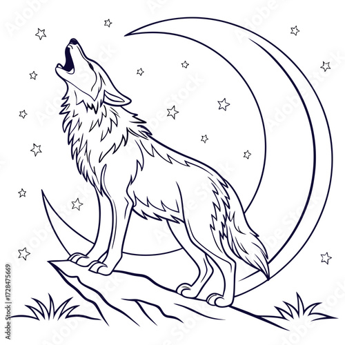 A stylized line art illustration of a wolf howling at a crescent moon surrounded by stars perched on a rocky outcrop with grass
