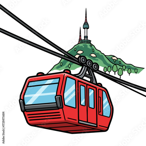 Red cable car ascends green, treecovered mountain topped with distinctive tower, with thick black cables stretching across the frame, suggesting scenic journey