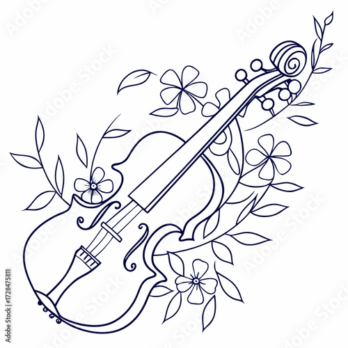 Elegant outline illustration of a violin intertwined with delicate blooming flowers and swirling leaves creating a harmonious blend of music and nature