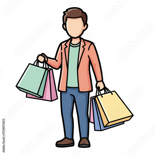 Man holding shopping bags in both hands, isolated on transparent, depicting consumerism, retail therapy, and the act purchasing goods