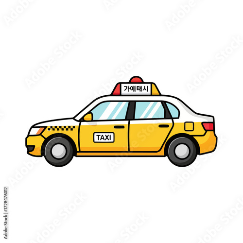 Yellow taxi car with taxi sign and korean text on top, , symbolizing urban transportation and city travel