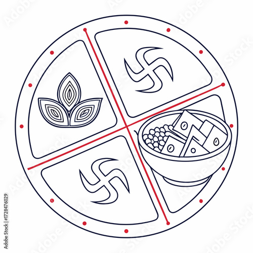 Traditional indian thali plate with four sections containing a decorative leaf symbol two swastika symbols and a bowl of sweets and rice representing cultural and religious offerings