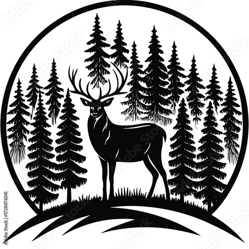 Elegant silhouette of a deer standing in a forest clearing, surrounded by tall trees