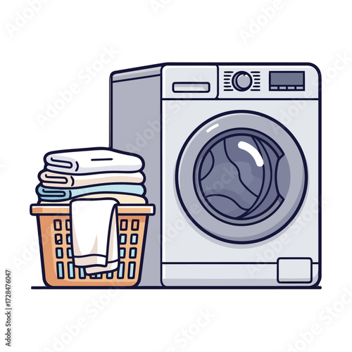 Cartoon modern washing machine next to laundry basket filled with clean folded clothes and towel