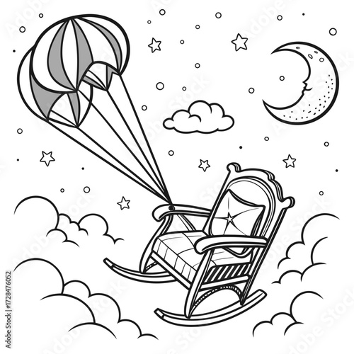 Whimsical rocking chair suspended by a parachute gracefully floating through a starry night sky with a smiling crescent moon and fluffy clouds