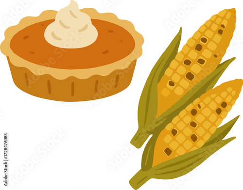 Flat seasonal food (pumpkin pie, roasted corn) isolated on transparent background