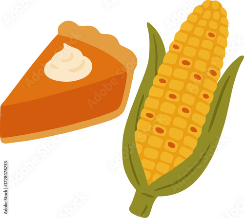 Flat seasonal food (pumpkin pie, roasted corn) isolated on transparent background