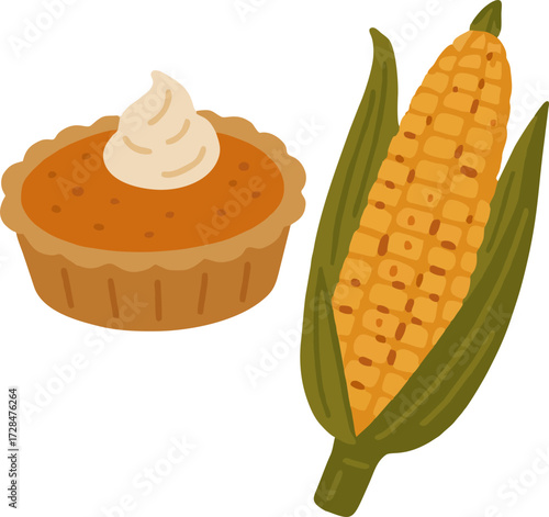 Flat seasonal food (pumpkin pie, roasted corn) isolated on transparent background