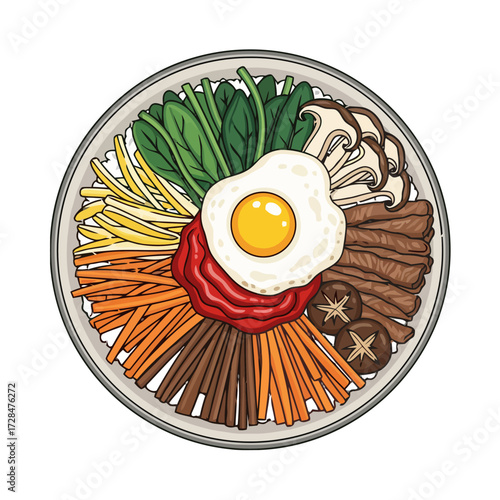 Top view delicious korean bibimbap dish in bowl