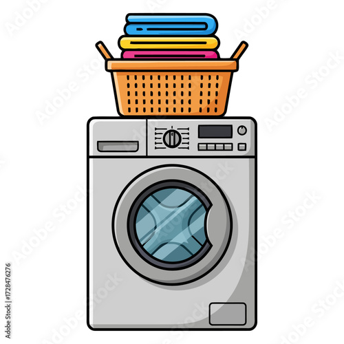Cartoon washing machine with basket full folded colorful clothes on top