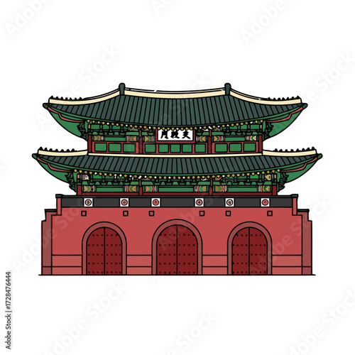 Detailed traditional korean palace gate with multiple archways and ornate roof