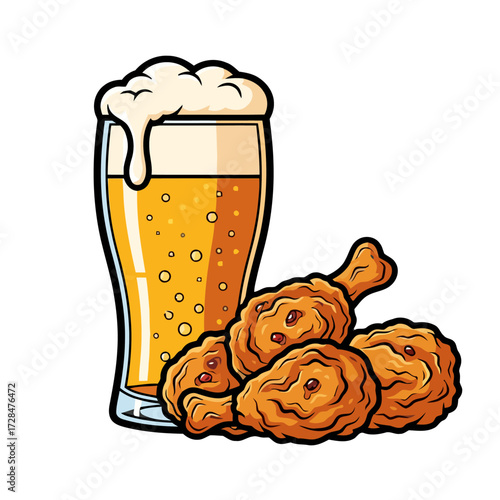 Tall glass frothy beer with pile crispy fried chicken drumsticks and wings