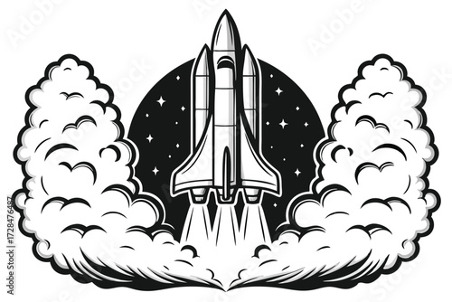 Monochromatic space shuttle ascends through clouds into star speckled galaxy atmosphere above earth