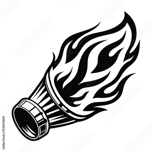 Monochrome flaming shuttlecock hurtles downwards with speed and intensity in the graphic