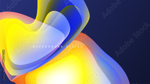 Abstract fluid shapes overlap, creating vibrant color gradients. Background is dark, emphasizing bright yellows, blues, reds. Modern design element.