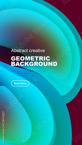 Abstract geometric background features vibrant turquoise, purple hues. Dark backdrop enhances flowing shapes, text overlay, button.