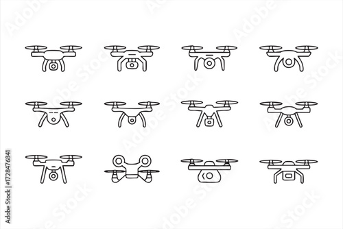 Vector outline drone icons set with quadcopters, flying devices, and aerial photography technology illustrations