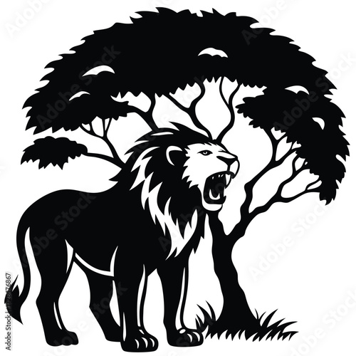 Lion roaring fiercely under the shade of a tree, standing tall and proud