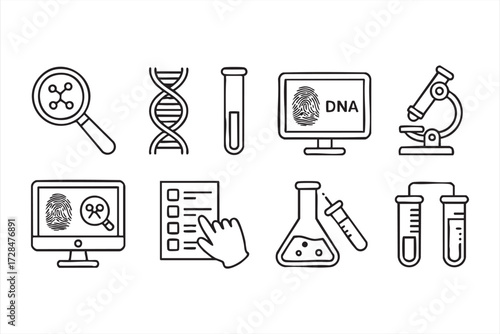 Laboratory and forensic science symbols, outline vector drawings of microscope, DNA, fingerprint, and experiment tools
