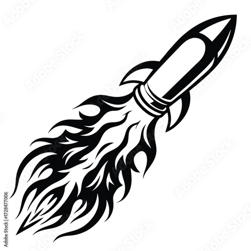 Monochrome rocket launching ascends amid smoky trails into space dotted with many twinkling stars