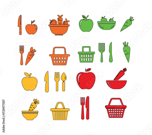 A colorful assortment of fruits vegetables and kitchen utensils arranged on a white background vector image, A set of icons for food and nutrition: an apple, a carrot, a bowl of fruit, a knife  fork