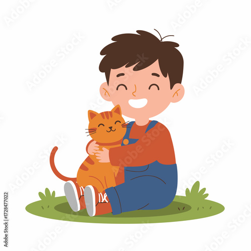 Happy little boy embracing his beloved orange cat with a joyful smile on a sunny day