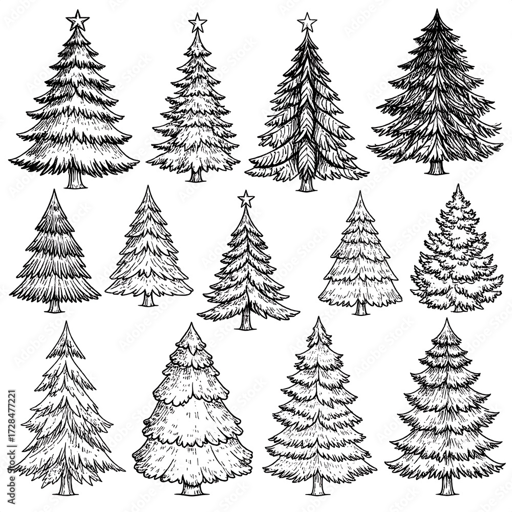 Obraz premium Collection of hand-drawn Christmas trees