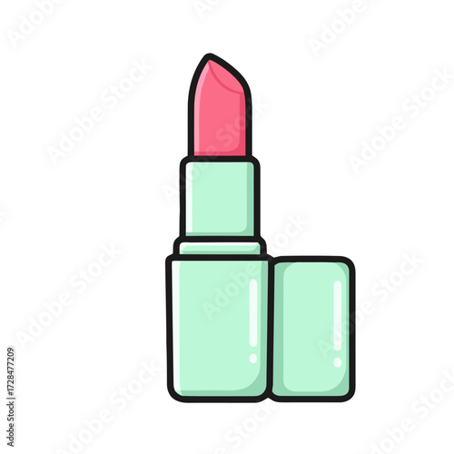 Pink lipstick with light green case and cap, isolated on transparent, representing makeup and beauty products