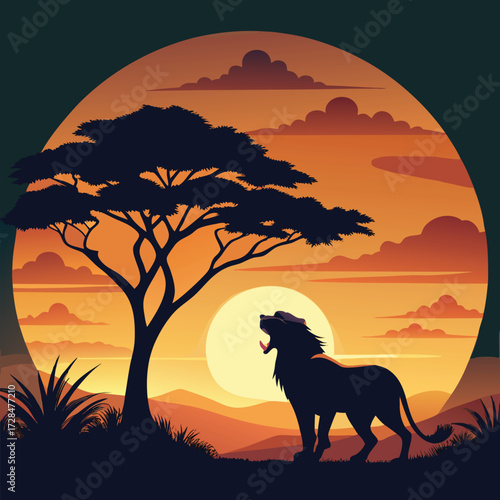 Silhouette of a roaring lion standing in front of a sunset with a tree in the background