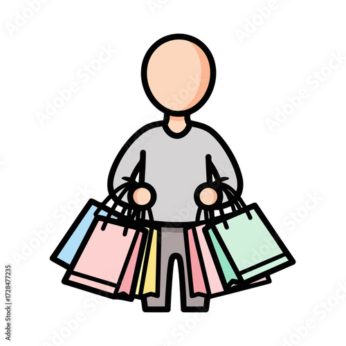 Person holding many shopping bags, representing consumerism and retail therapy, isolated on transparent