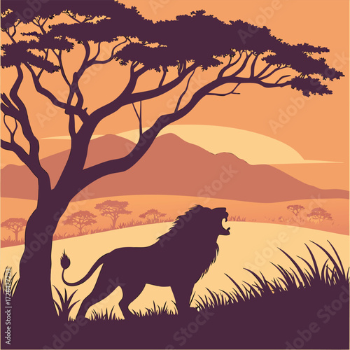 Lion roaring under a tree in the african savanna with mountains and sunset in the background illustration