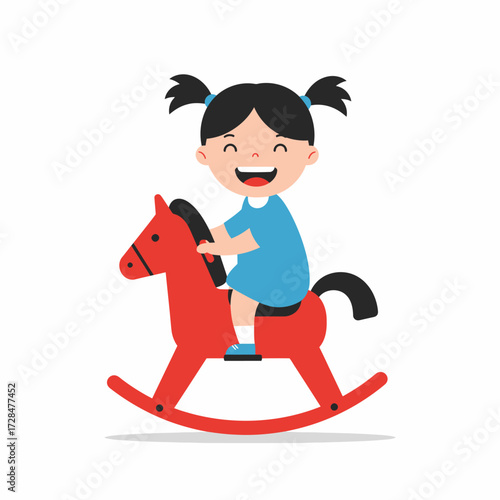 Joyful little girl riding a classic red rocking horse toy