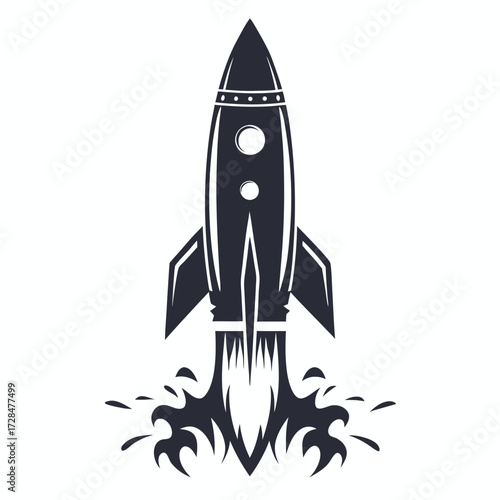 Monochrome rocket with flames blasts upwards creating a striking and dynamic scene