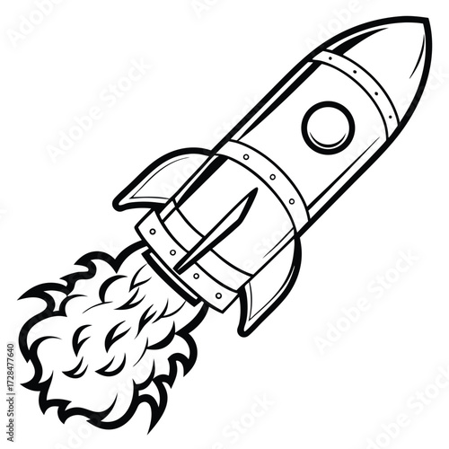 Monochrome spacecraft blasts off with flames, showcasing a symbolic journey and technological aspiration