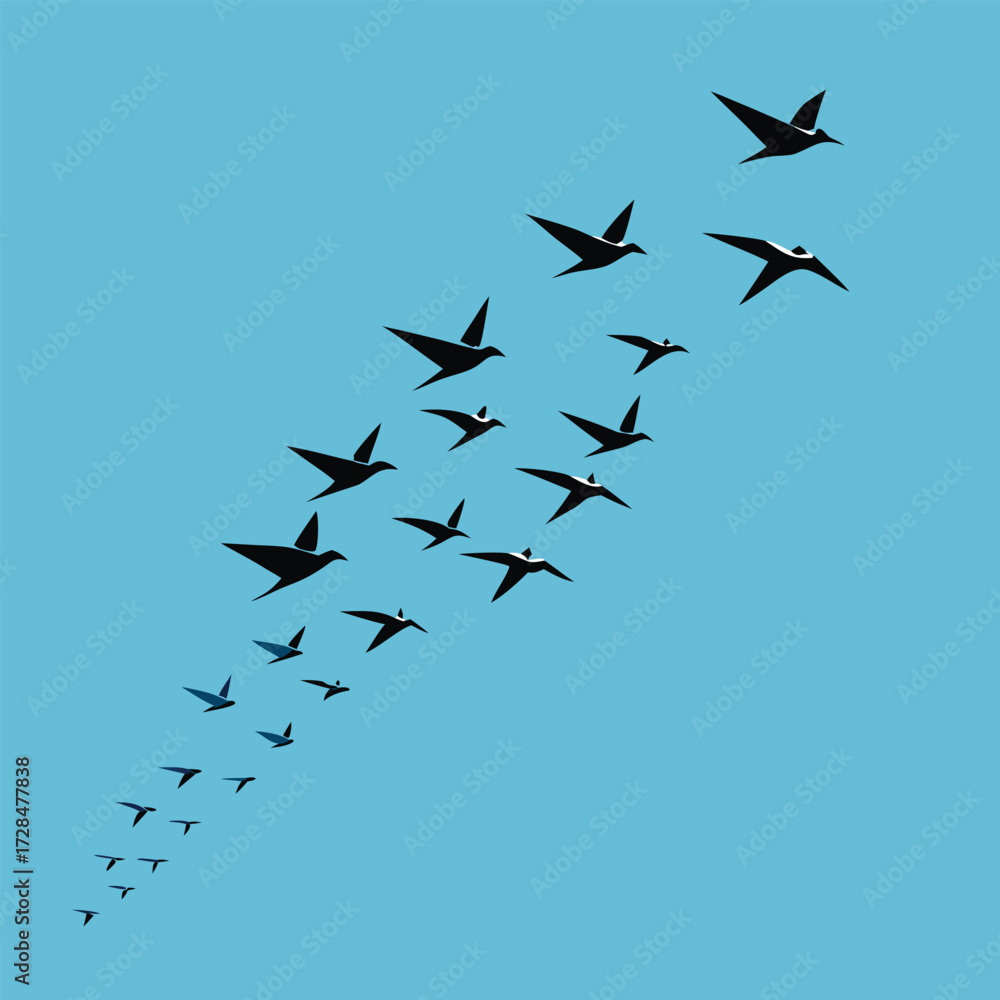Obraz premium A flock of birds flying diagonally across a blue sky, creating a sense of freedom and movement in nature