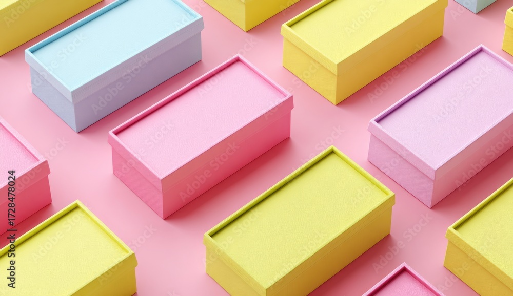 Obraz premium Colorful rectangular boxes arranged in an aesthetically pleasing pattern on a pastel pink background.