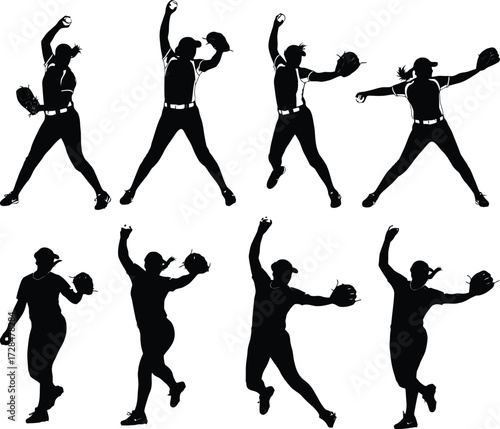 Dynamic baseball team silhouettes capturing action poses of players in game 