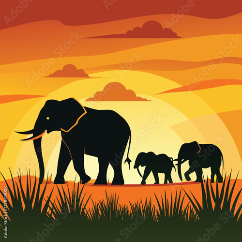 Silhouette of elephants walking in the savanna at sunset with orange sky and grass in the foreground
