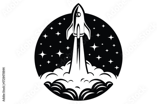 Rocket ship launching from Earth into starry night sky shows powerful ascent