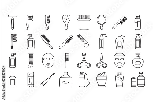 Barber shop and salon grooming icons set, outline vector illustrations of scissors, razors, combs, and skincare products