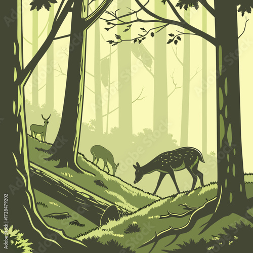 Three deer graze in a forest clearing surrounded by tall trees and foliage