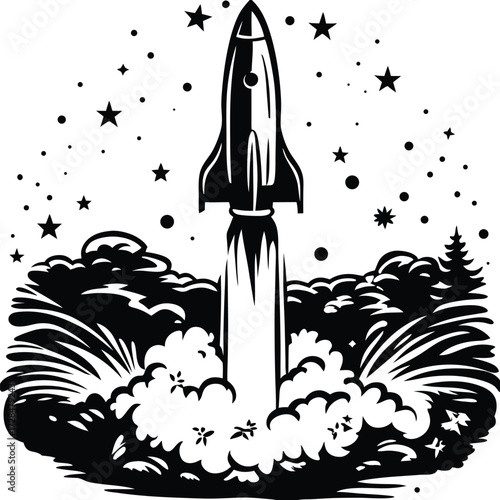 Rocket soars upward amid white exhaust plumes against a night sky background