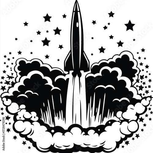 Rocket soars high against a starlit backdrop, launching through clouds and vapors below