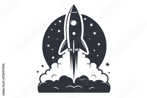 rocket takes off with powerful thrust amidst stars and fluffy clouds above