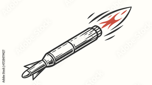 Rocket with checkered pattern is launching amid burning flames in simple dark monochrome