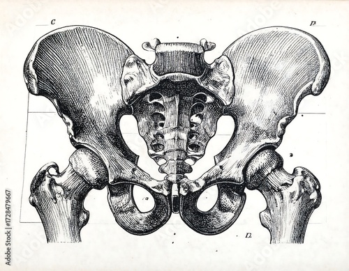 Detailed anatomical illustration of a human pelvis, rendered in black and white with hatched shading