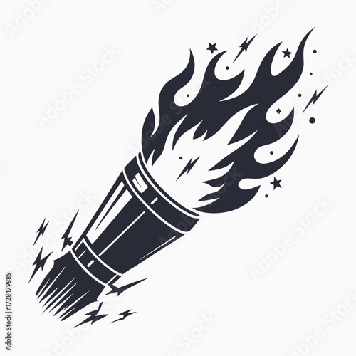 shows a monochrome shuttlecock engulfed by dynamic tribal flames design