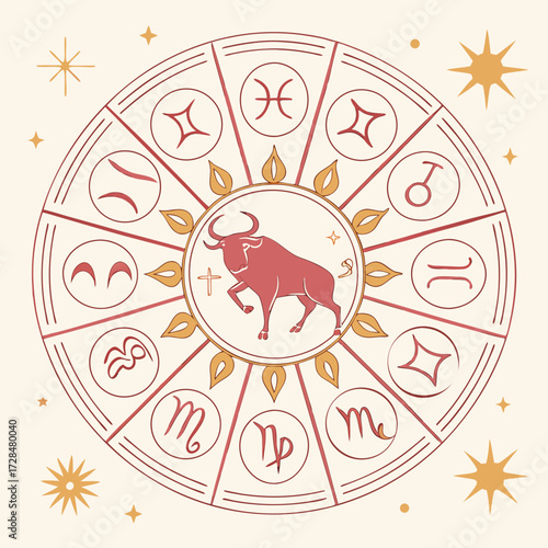 Taurus zodiac sign illustration featuring a bull in a zodiac wheel