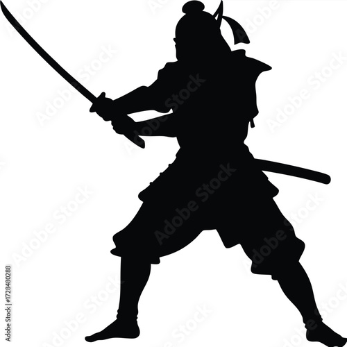 Silhouette of a samurai wielding his katana, poised and ready for battle