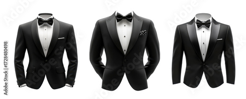 Set of elegant black tuxedos with bow ties - isolated PNG